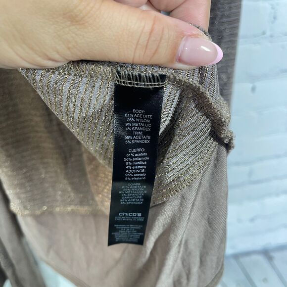 Chicos Travelers Cardigan Women XL Tan Glitter Slinky Flowy Office Preppy Duster - Picture 5 of 12